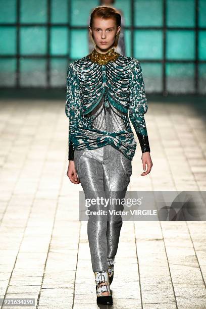 Model walks the runway at the Mary Katrantzou Ready to Wear Fall/Winter 2018-2019 fashion show during London Fashion Week February 2018 on February...