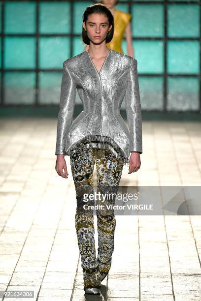 Model walks the runway at the Mary Katrantzou Ready to Wear Fall/Winter 2018-2019 fashion show during London Fashion Week February 2018 on February...