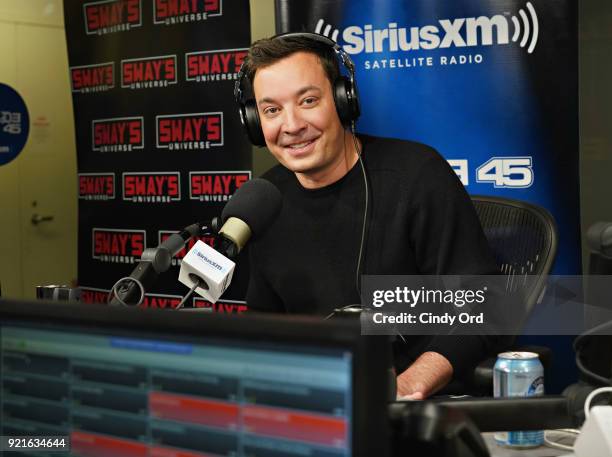 Jimmy Fallon visits 'Sway in the Morning' with Sway Calloway on Eminem's Shade 45 at the SiriusXM Studios on February 20, 2018 in New York City.
