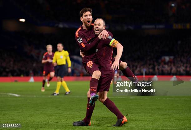 Lionel Messi of Barcelona celebrates with teammate Andres Iniesta after scoring his sides first goal during the UEFA Champions League Round of 16...