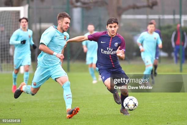 Metehan Guclu of PSG and Oscar Mingueza of Barcelona during the UEFA Youth League match between Paris Saint Germain and FC Barcelona, on February 20,...