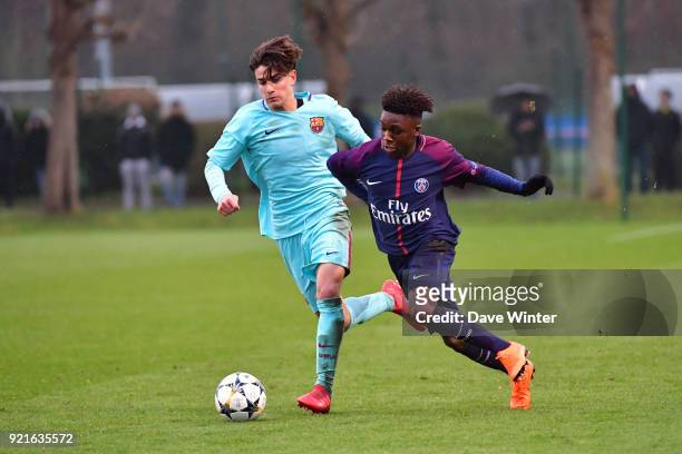 Alex Collado of Barcelona and Arthur Zagre of PSG during the UEFA Youth League match between Paris Saint Germain and FC Barcelona, on February 20,...