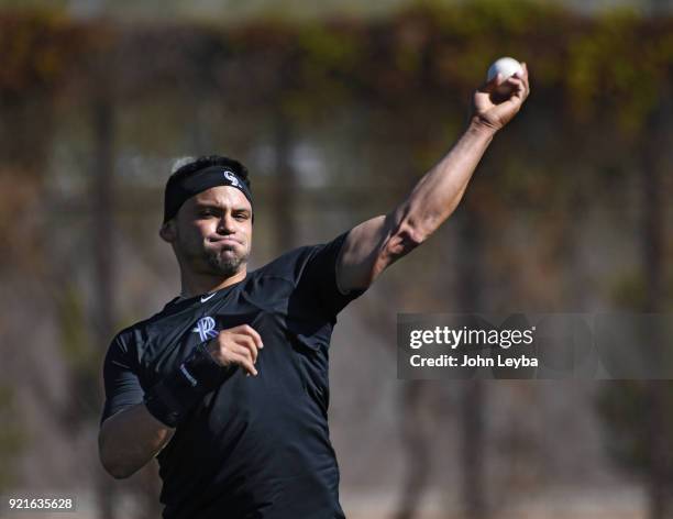 Colorado Rockies left fielder Gerardo Parra watches the team workout on February 20, 2018 at Salt River Fields at Talking Stick in Scottsdale,...