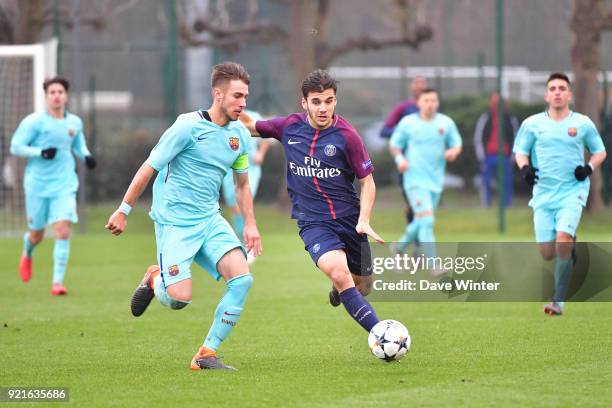 Metehan Guclu of PSG and Oscar Mingueza of Barcelona during the UEFA Youth League match between Paris Saint Germain and FC Barcelona, on February 20,...