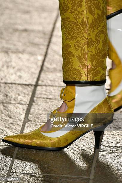 Model walks the runway at the Mary Katrantzou Ready to Wear Fall/Winter 2018-2019 fashion show during London Fashion Week February 2018 on February...