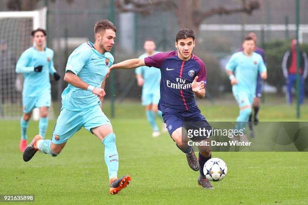 Metehan Guclu of PSG and Oscar Mingueza of Barcelona during the UEFA Youth League match between Paris Saint Germain and FC Barcelona, on February 20,...