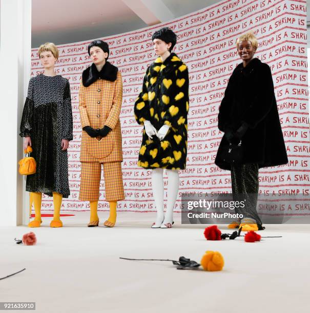 Models are presenting a new Autumn/Winter 2018 Shrimps/Hannah Weiland collection during London Fashion Weak in the Topshop showspace in London on the...