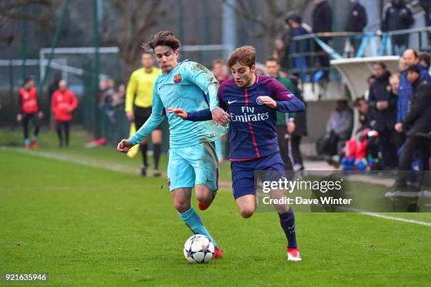 Alex Collado of Barcelona and Alexis Giacomini of PSG during the UEFA Youth League match between Paris Saint Germain and FC Barcelona, on February...