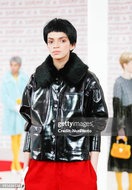 Models are presenting a new Autumn/Winter 2018 Shrimps/Hannah Weiland collection during London Fashion Weak in the Topshop showspace in London on the...