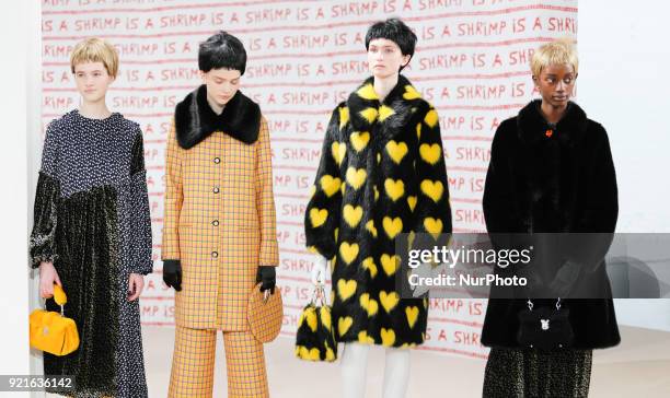 Models are presenting a new Autumn/Winter 2018 Shrimps/Hannah Weiland collection during London Fashion Weak in the Topshop showspace in London on the...