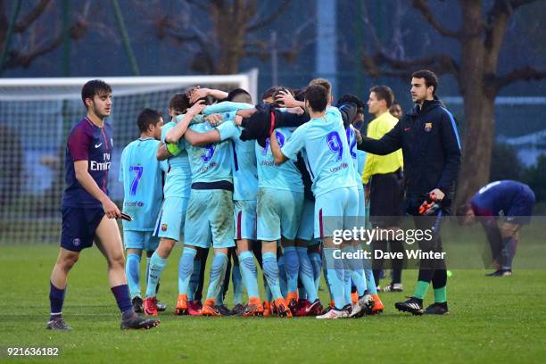 Barcelona celebrate winning the UEFA Youth League match between Paris Saint Germain and FC Barcelona, on February 20, 2018 in Saint Germain en Laye,...