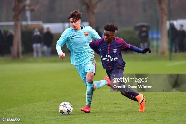 Alex Collado of Barcelona and Arthur Zagre of PSG during the UEFA Youth League match between Paris Saint Germain and FC Barcelona, on February 20,...