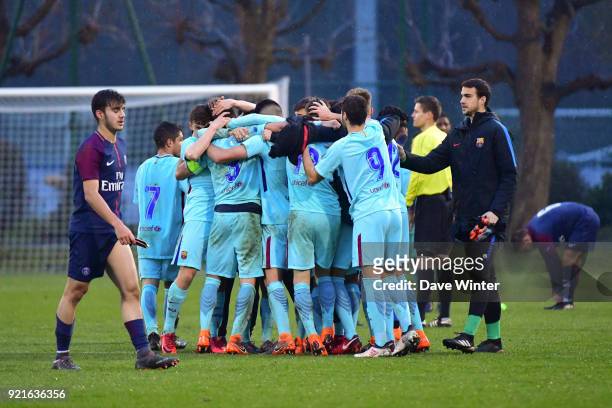 Barcelona celebrate winning the UEFA Youth League match between Paris Saint Germain and FC Barcelona, on February 20, 2018 in Saint Germain en Laye,...