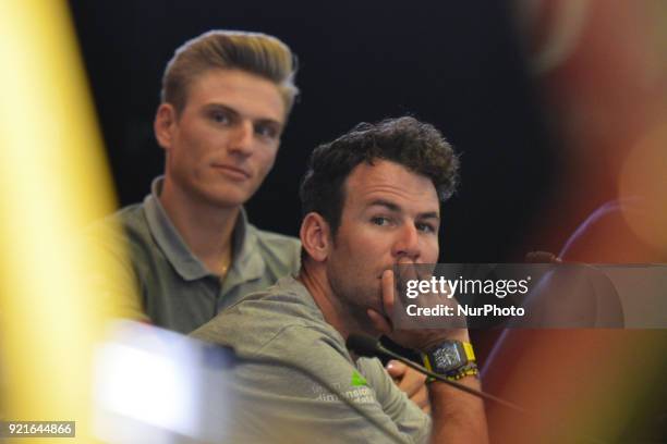 S Mark Cavendish from Team Dimension Data and Germany's Marcel Kittel from Katusha Alpecin during the pre-race press conference on the eve of 2018...