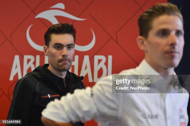 Tom Dumoulin and Rui Costa , leave the pre-race press conference on the eve of 2018 edition of Abu Dhabi Tour, at Yas Marina Circuit On Tuesday,...