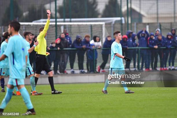 Monchu of Barcelona receives a red card from referee Daniel Siebert during the UEFA Youth League match between Paris Saint Germain and FC Barcelona,...