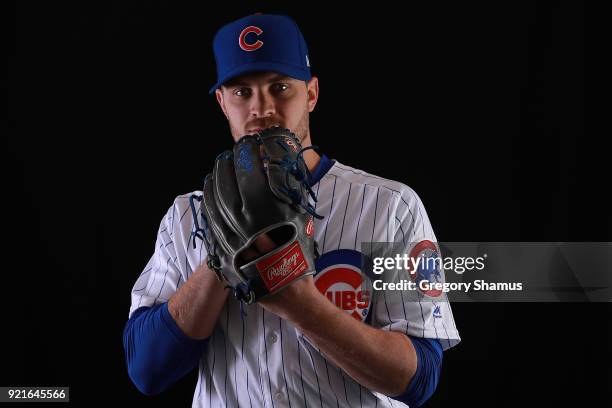 Justin Grimm of the Chicago Cubs poses during Chicago Cubs Photo Day on February 20, 2018 in Mesa, Arizona.