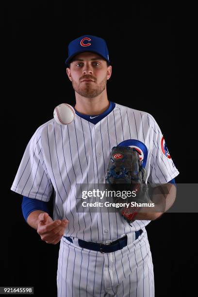 Justin Grimm of the Chicago Cubs poses during Chicago Cubs Photo Day on February 20, 2018 in Mesa, Arizona.