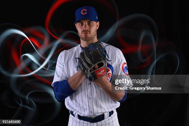 Justin Grimm of the Chicago Cubs poses during Chicago Cubs Photo Day on February 20, 2018 in Mesa, Arizona.