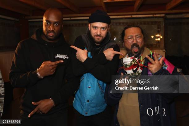Virgil Abloh, Justin Timberlake and Takashi Murakami attend Murakami & Abloh: Future History at Gagosian Gallery Davies Street on February 20, 2018...