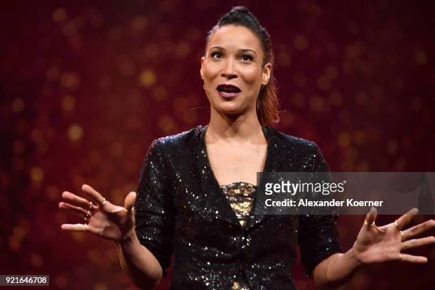 Host Annabelle Mandeng is seen at the Homage Willem Dafoe - Honorary Golden Bear award ceremony and 'The Hunter' screening during the 68th Berlinale...