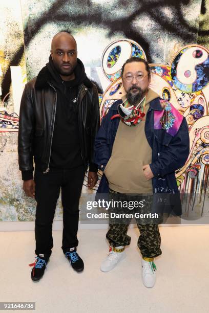 Virgil Abloh and Takashi Murakami attend Murakami & Abloh: Future History at Gagosian Gallery Davies Street on February 20, 2018 in London, England.