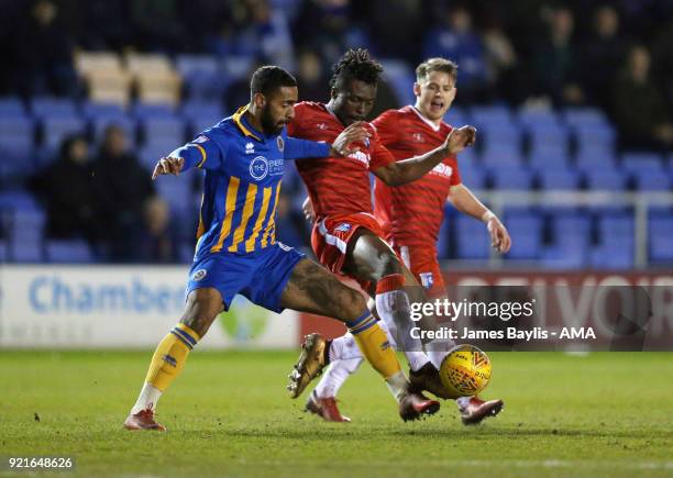 Stefan Payne of Shrewsbury Town and Gabriel Zakuani of Gillingham during the Sky Bet League One match between Shrewsbury Town and Gillingham at New...