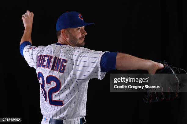 Brian Duensing of the Chicago Cubs poses during Chicago Cubs Photo Day on February 20, 2018 in Mesa, Arizona.