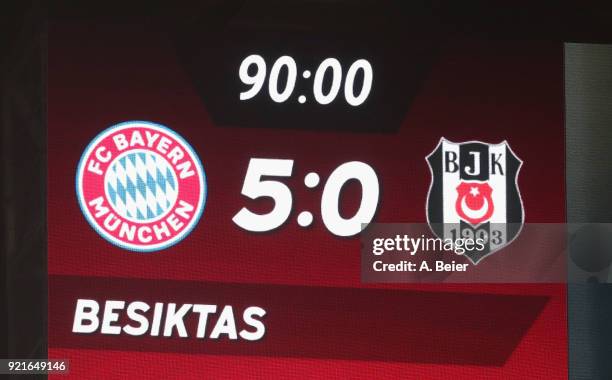 Picture shows the score board reading 5-0 after the UEFA Champions League Round of 16 first leg match between FC Bayern Muenchen and Besiktas at...