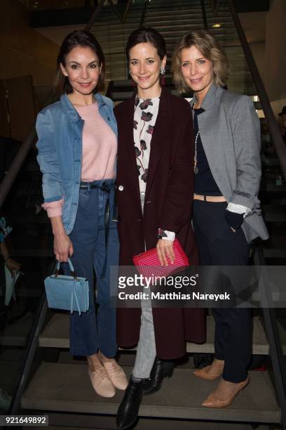 Nadine Warmuth, guest and Valerie Niehaus attend the Hessian Reception during the 68th Berlinale International Film Festival on February 20, 2018 in...