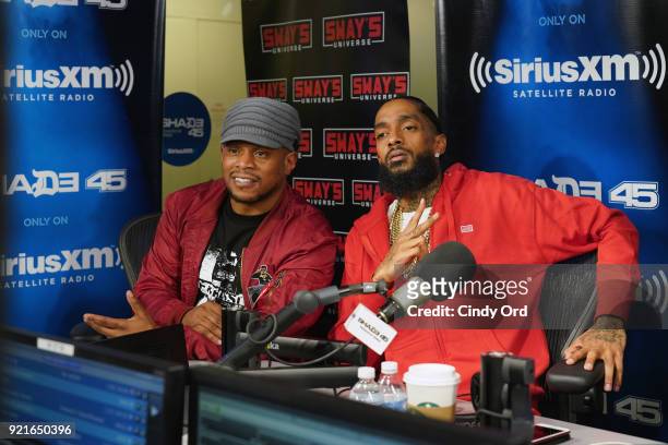 Rapper Nipsey Hussle visits 'Sway in the Morning' with Sway Calloway on Eminem's Shade 45 at the SiriusXM Studios on February 20, 2018 in New York...
