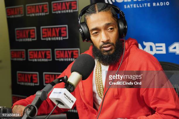 Rapper Nipsey Hussle visits 'Sway in the Morning' with Sway Calloway on Eminem's Shade 45 at the SiriusXM Studios on February 20, 2018 in New York...