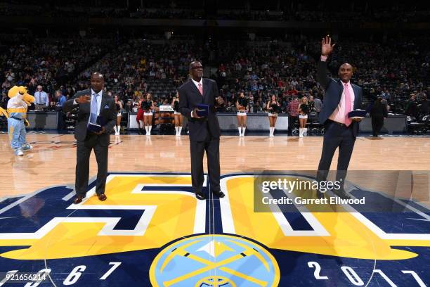 Robert Pack, Reggie Williams, and Tom Hammonds are celebrated during 90's night during the game between the Denver Nuggets and the Dallas Mavericks...