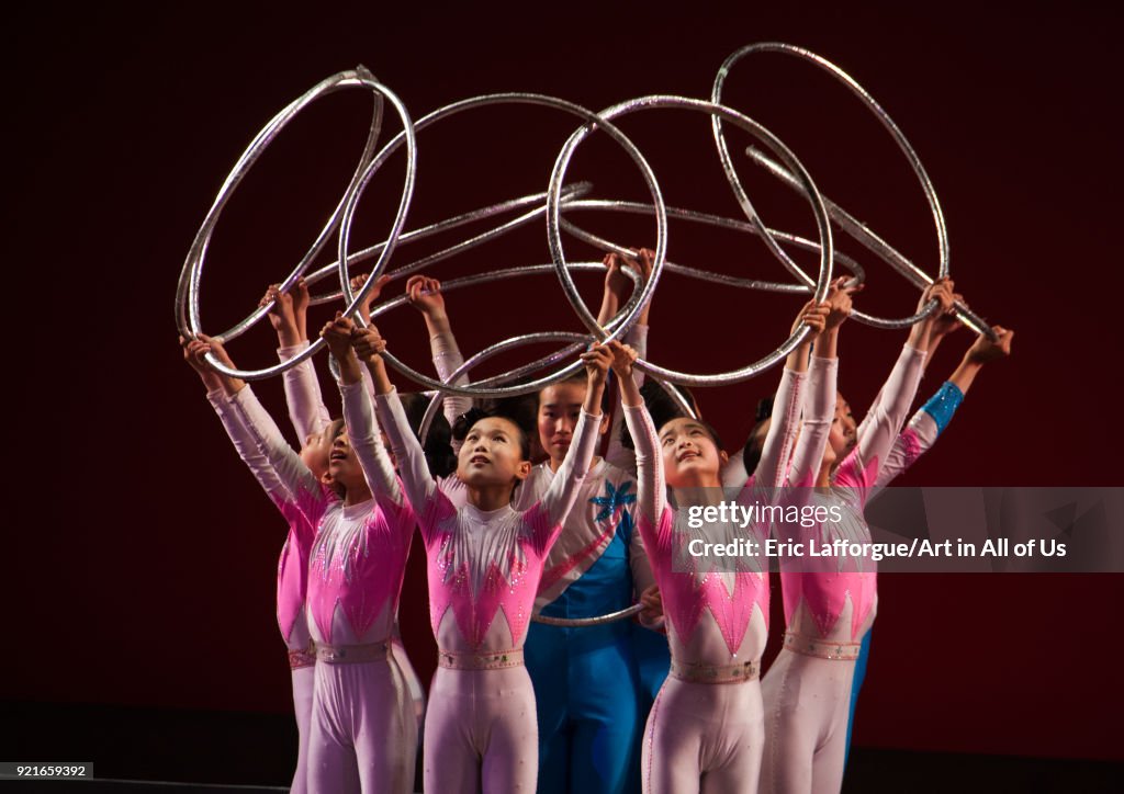 Young North Korean gymnasts during a show in Mangyongdae children's palace, Pyongan Province, Pyongyang, North Korea...