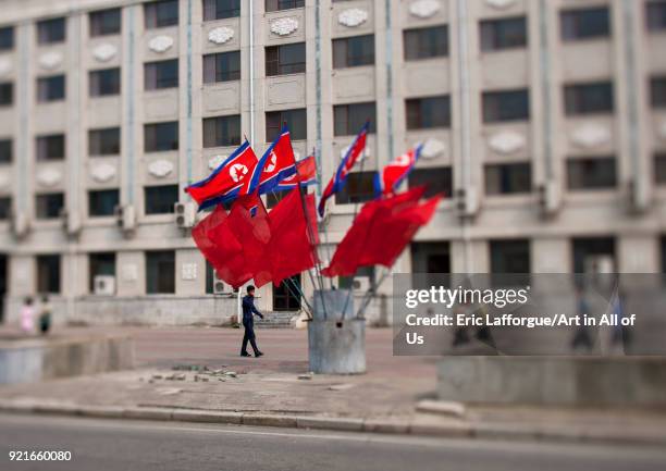 Set of North Korean flags in front of a building, Pyongan Province, Pyongyang, North Korea on September 9, 2011 in Pyongyang, North Korea.