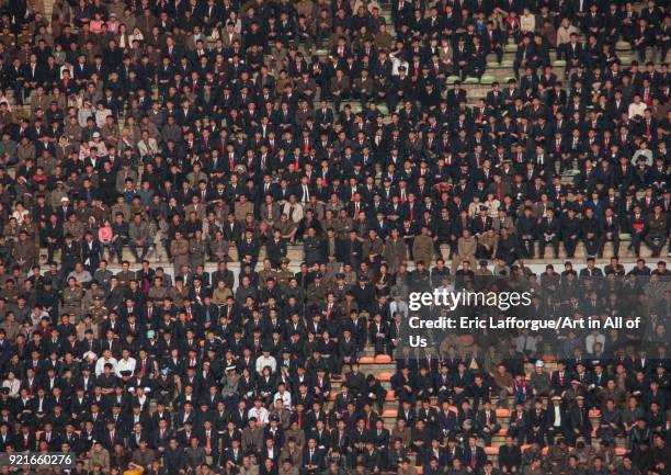 Crowd in the Kim il Sung stadium during a football game, Pyongan Province, Pyongyang, North Korea on May 2, 2010 in Pyongyang, North Korea.