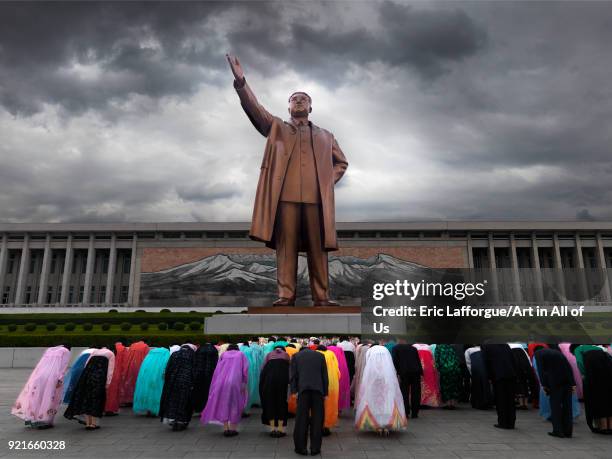 North Korean people bowing in front of Kim il Sung statue in Mansudae Grand monument, Pyongan Province, Pyongyang, North Korea on April 12, 2008 in...