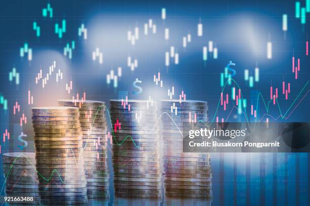 graph on rows of coins for finance and banking on digital stock market financial exchange and trading graph - bank statement ストックフォトと画像