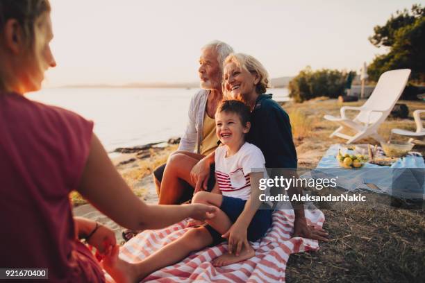 familie picknick op het strand - picknick stockfoto's en -beelden