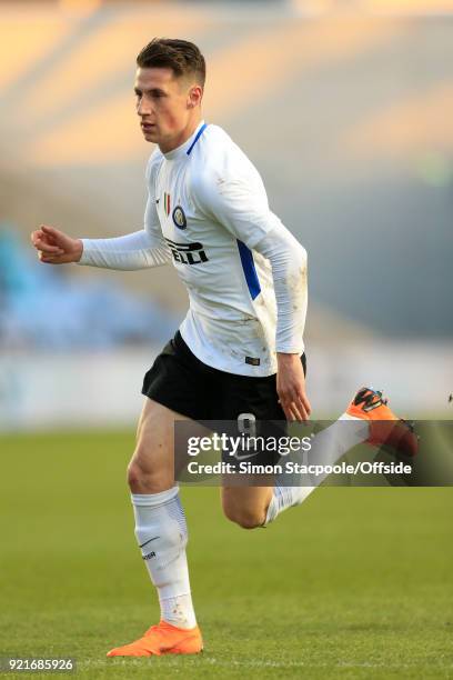 Andrea Pinamonti of Inter in action during the UEFA Youth League Round of 16 match between Manchester City and Inter Milan at Manchester City...