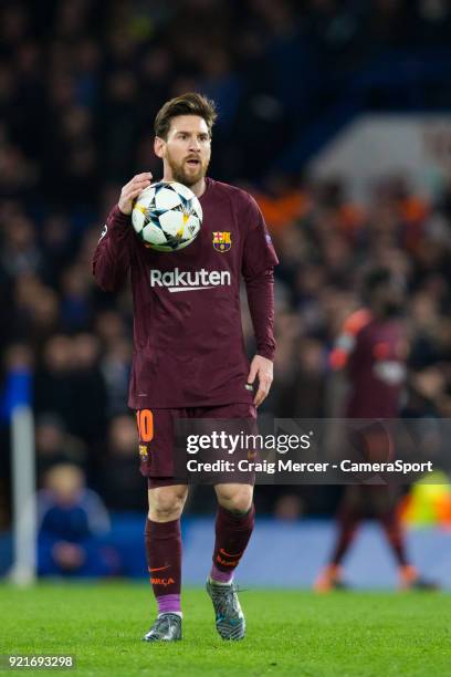 Barcelonas Lionel Messi during the UEFA Champions League Round of 16 First Leg match between Chelsea FC and FC Barcelona at Stamford Bridge on...