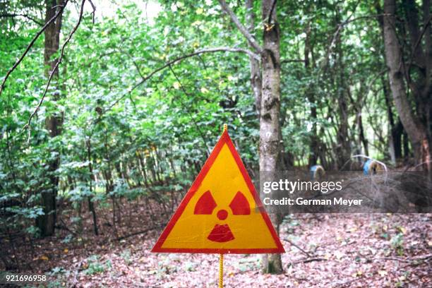 radiation warning in chernobyl forest - radiation symbol stock pictures, royalty-free photos & images