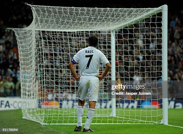 Raul Gonzalez of Real Madrid stands dejected after failing to score during the Champions League group C match between Real Madrid and AC Milan at the...