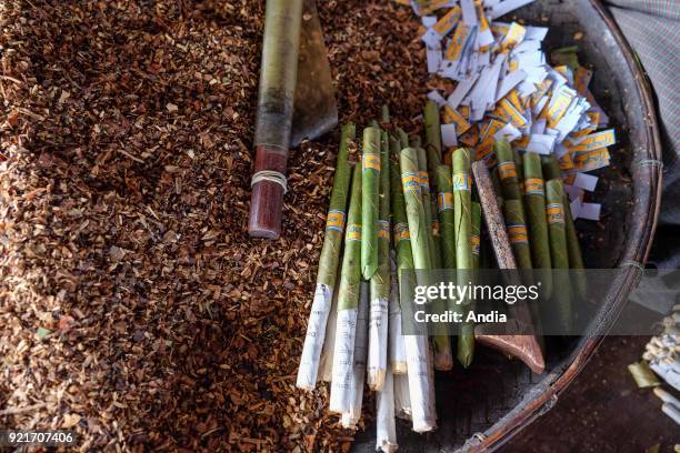 Cheroot cigar making workshop in the village of Nam Pan, Inle Lake. Hand-rolled cigars.