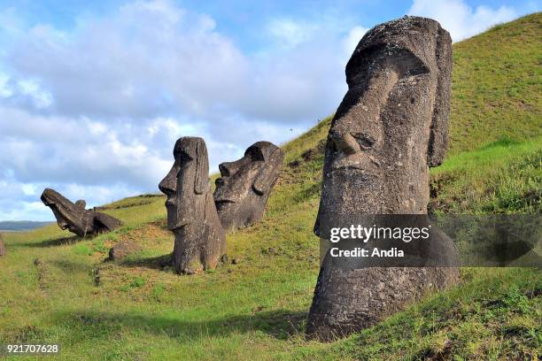 Easter Island, Rapa Nui: Moais, typical statues from Easter Island, monolithic human figures.