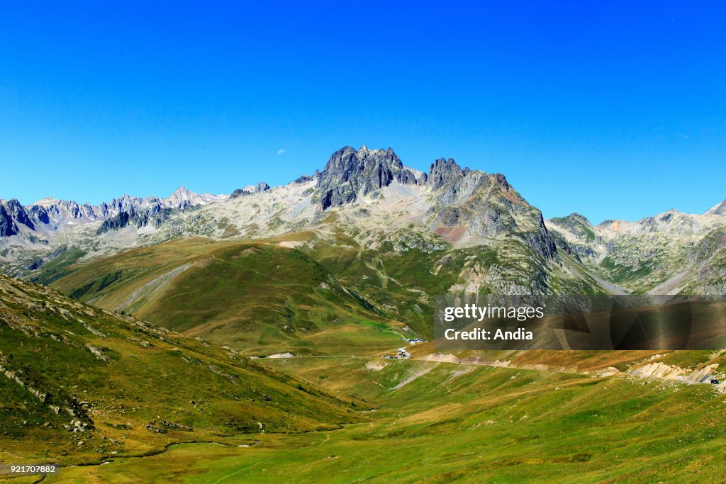 Landscape between the mountains passes Col de la Croix de Fer and Col du Glandon.