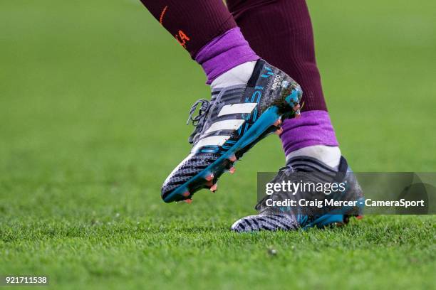 The boots of Barcelonas Lionel Messi during the UEFA Champions League Round of 16 First Leg match between Chelsea FC and FC Barcelona at Stamford...