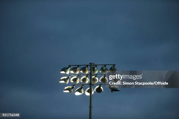 General view of the floodlights pylon set against the dark evening sky during the UEFA Youth League Round of 16 match between Manchester City and...