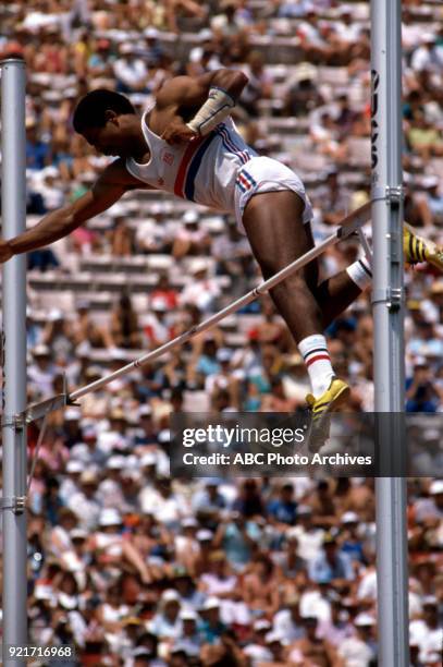 Los Angeles, CA Daley Thompson, Men's decathlon pole vault competition, Memorial Coliseum, at the 1984 Summer Olympics, August 8, 1984.