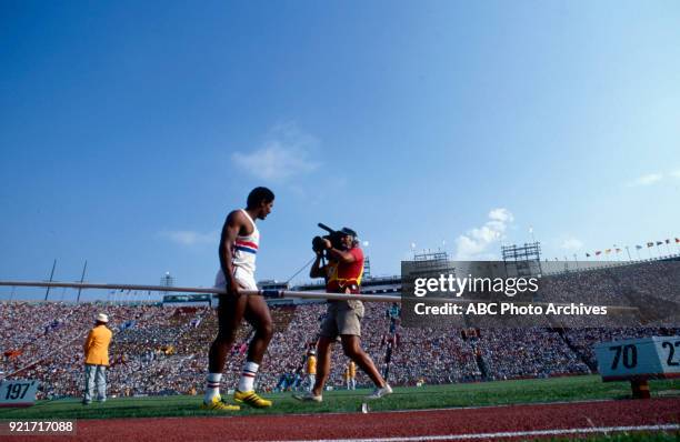 Los Angeles, CA Daley Thompson, Men's decathlon pole vault competition, Memorial Coliseum, at the 1984 Summer Olympics, August 8, 1984.